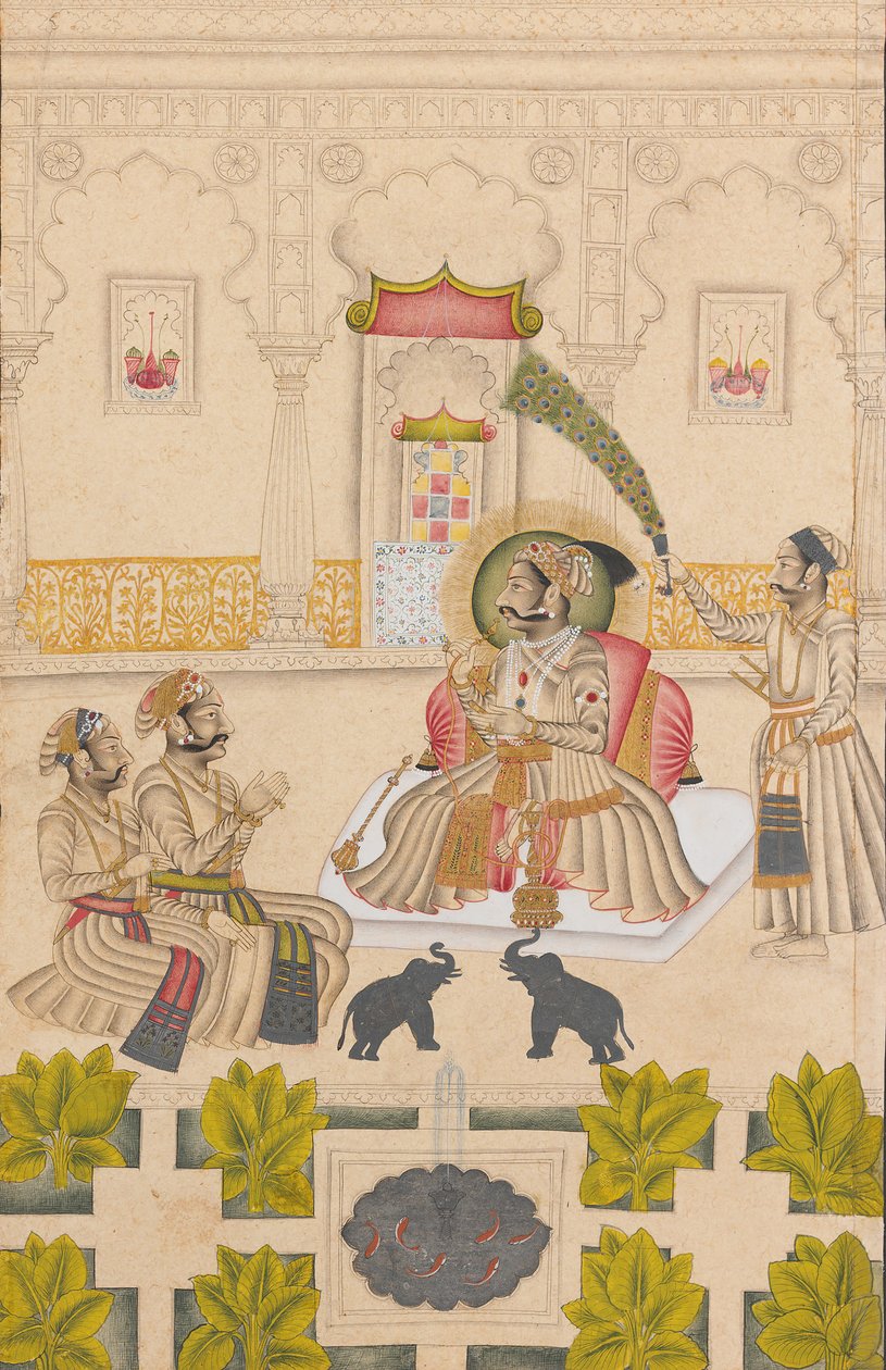 Maharana Amar Singh II vises to sølvelefanter, ca. 1705. av Stipple Master