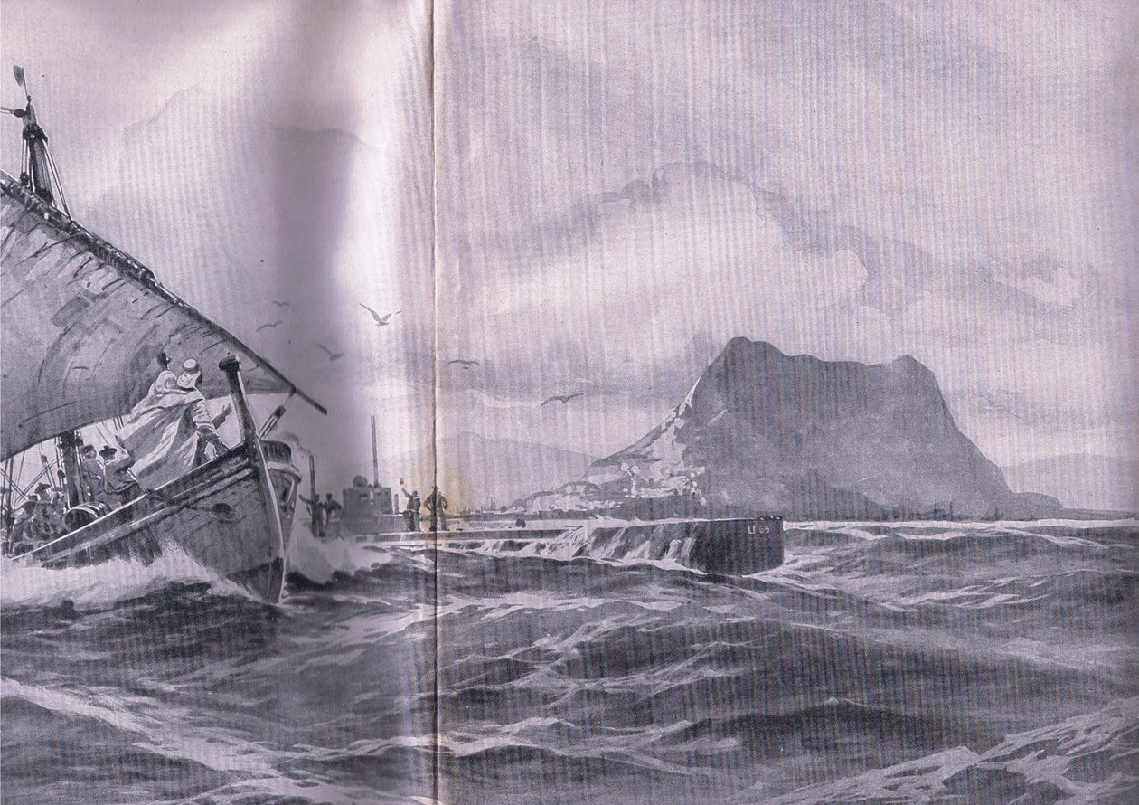 Tysk ubåt som reiser gjennom Gibralterstredet på vei til Dardenellene, fra puben The Illustrated History of the World War 1914-1915. av Union Berlagsefellfchaft av Willy Stoewer 