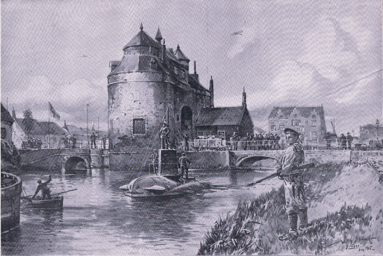 En trygg havn i Bruge, fra puben The Illustrated History of the World War 1914-1915. av Union Berlagsefellfchaft av Willy Stoewer 