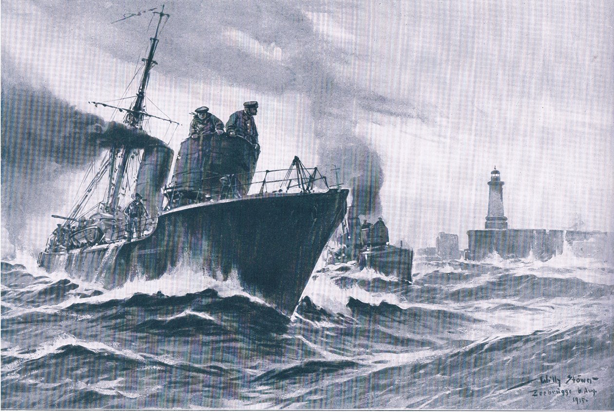 Patruljebåter og minesveipere som seiler ut av havnen i Zeebrugge, fra puben The Illustrated History of the World War 1914-1915. av Union Berlagsefellfchaft av Willy Stoewer 