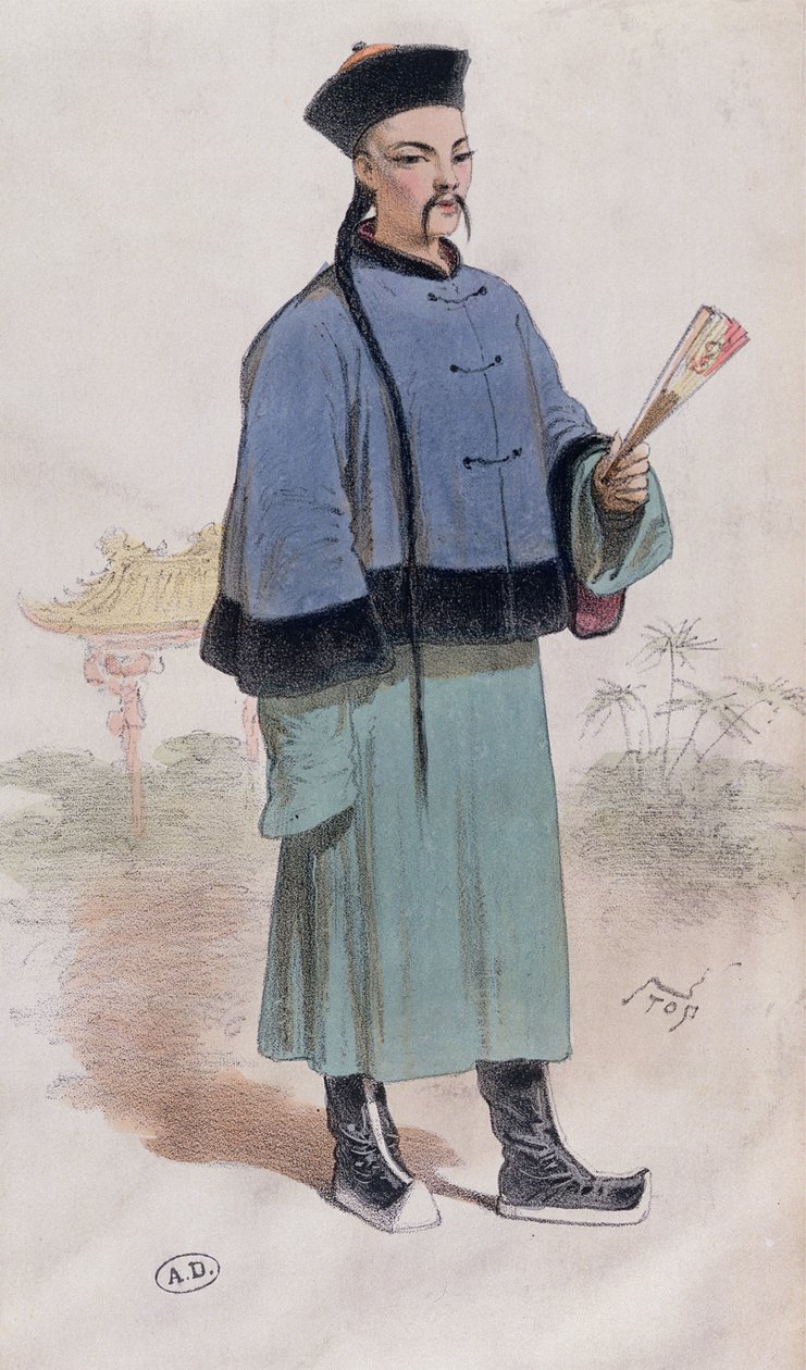 Mandarin i pelstrimmet frakk med vifte, ca. 1860 av Stop