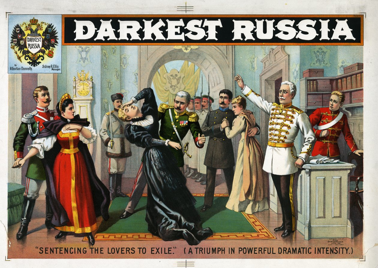 Mørkeste Russland, dømme elskerne til eksil., 1894 (litografi) av Strobridge Lithographing Company