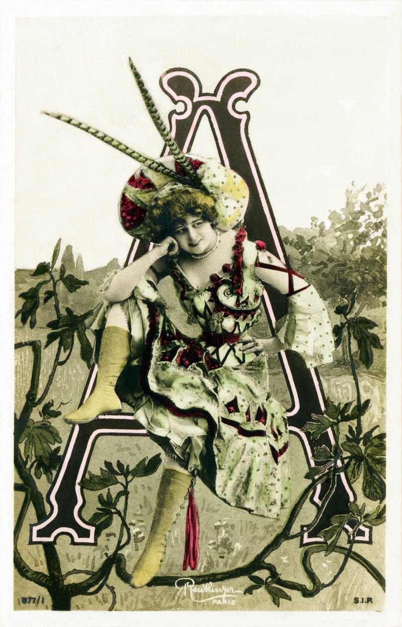 Til: Constance Elise De Vere, fransk skuespillerinne med engelske røtter, født i Belgia -Theatre Marigny, Paris - Alfabet i postkort - Fotomontasjer med fotografier av kvinnelige kunstnere fra Belle Epoque laget av Leopold Reutlinger. Ed av Studio Reutlinger