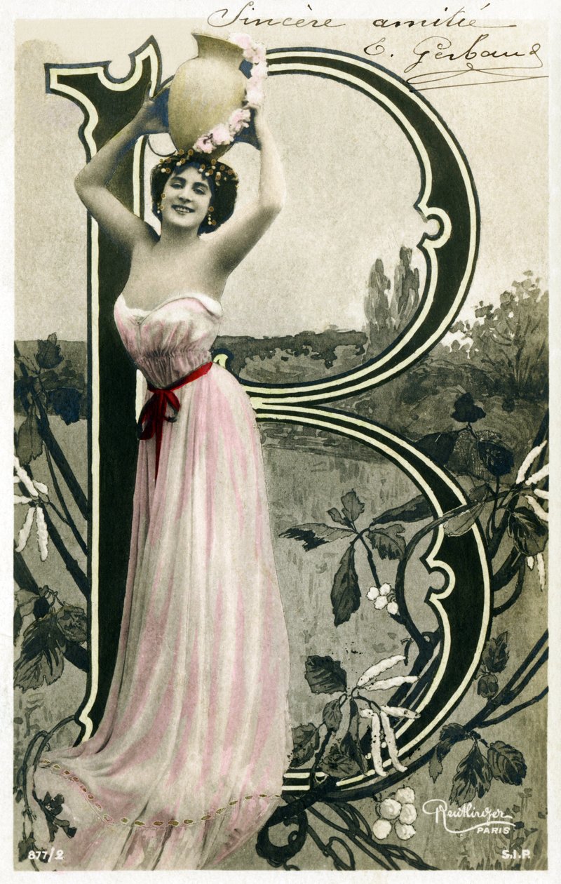 B: Bianca Toledo, artist, sanger og sevillansk danser fra Belle Epoque - Casino de Paris, Folies Bergere, Jardin de Paris - Alfabet i postkort av Studio Reutlinger