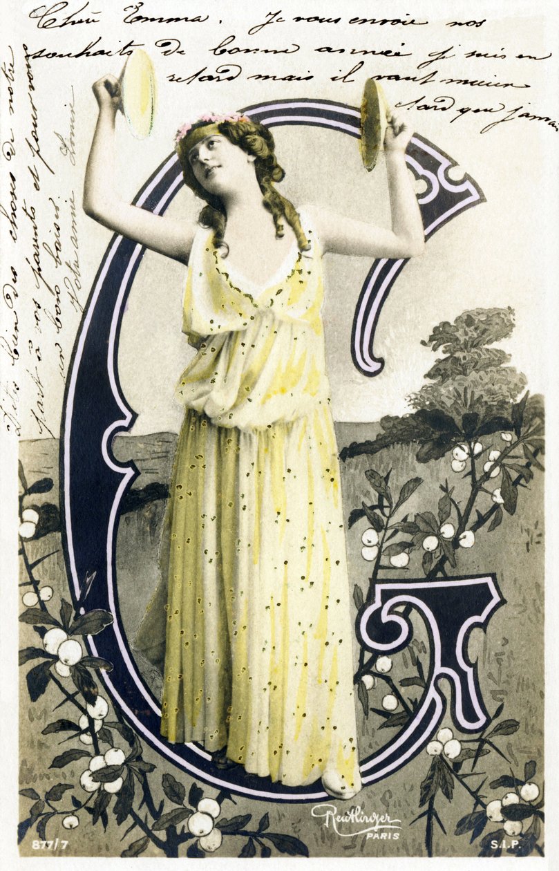 G: Louise Myriel, skuespillere og lyrisk sanger fra Belle Epoque - Folies Bergere, Gymnase, Gaite, Paris - Alfabet på postkort av Studio Reutlinger