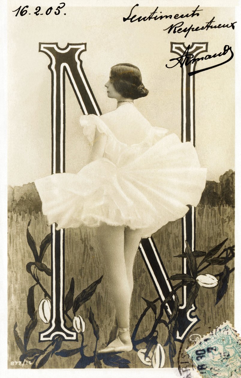 N : Cleopatre Diane de Merode, kalt Cleo de Merode , danser fra la Belle Epoque, utdannet ved Opera de Paris - Theatre des Folies Bergere , Paris - Alfabet på postkort av Studio Reutlinger