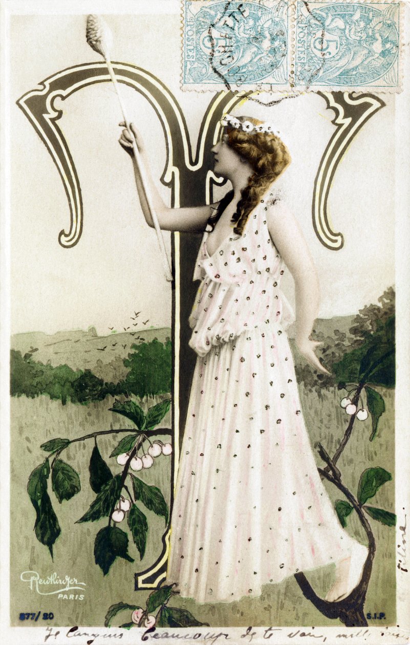 T: Louise Myriel, skuespiller og lyrisk sanger fra Belle Epoque - Folies Bergere, theatres du Gymnase, de la Gaite, Paris - Alfabet i postkort av Studio Reutlinger