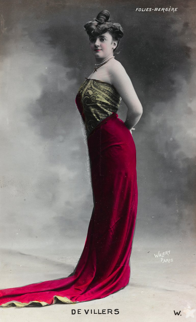 Portrett av en ung kvinne, postkort; støtten inneholder indikasjonen "Devillers - Folies Bergère" av Studio Walery