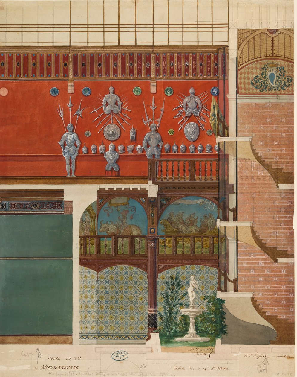 Arkitektonisk tegning av interiøret til Comte de Nieuwerkerke-huset, ca. 1870. av Studio of Hector Martin Lefuel.