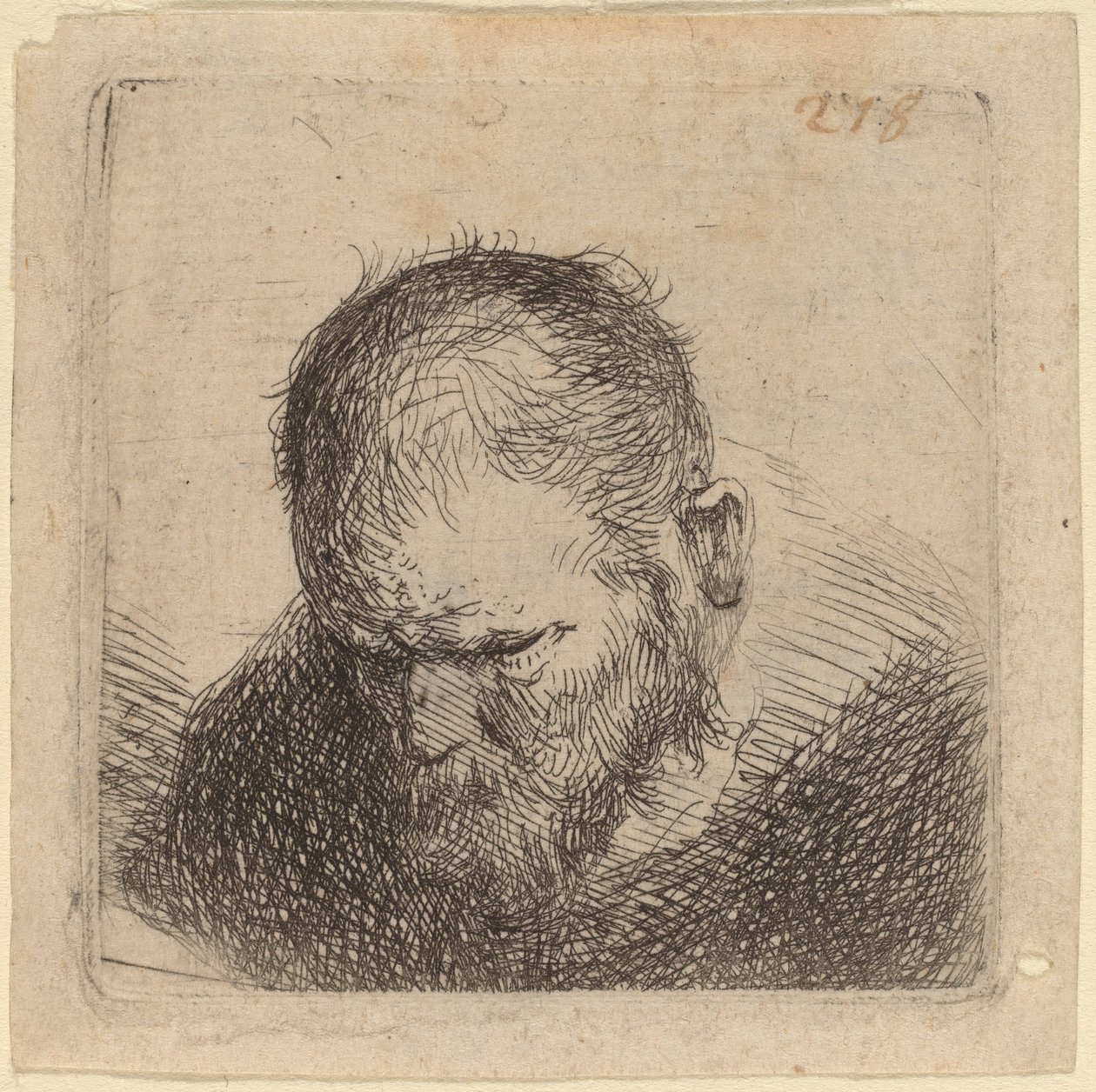 Skjeggete mann ser ned av Studio of Rembrandt van Rijn