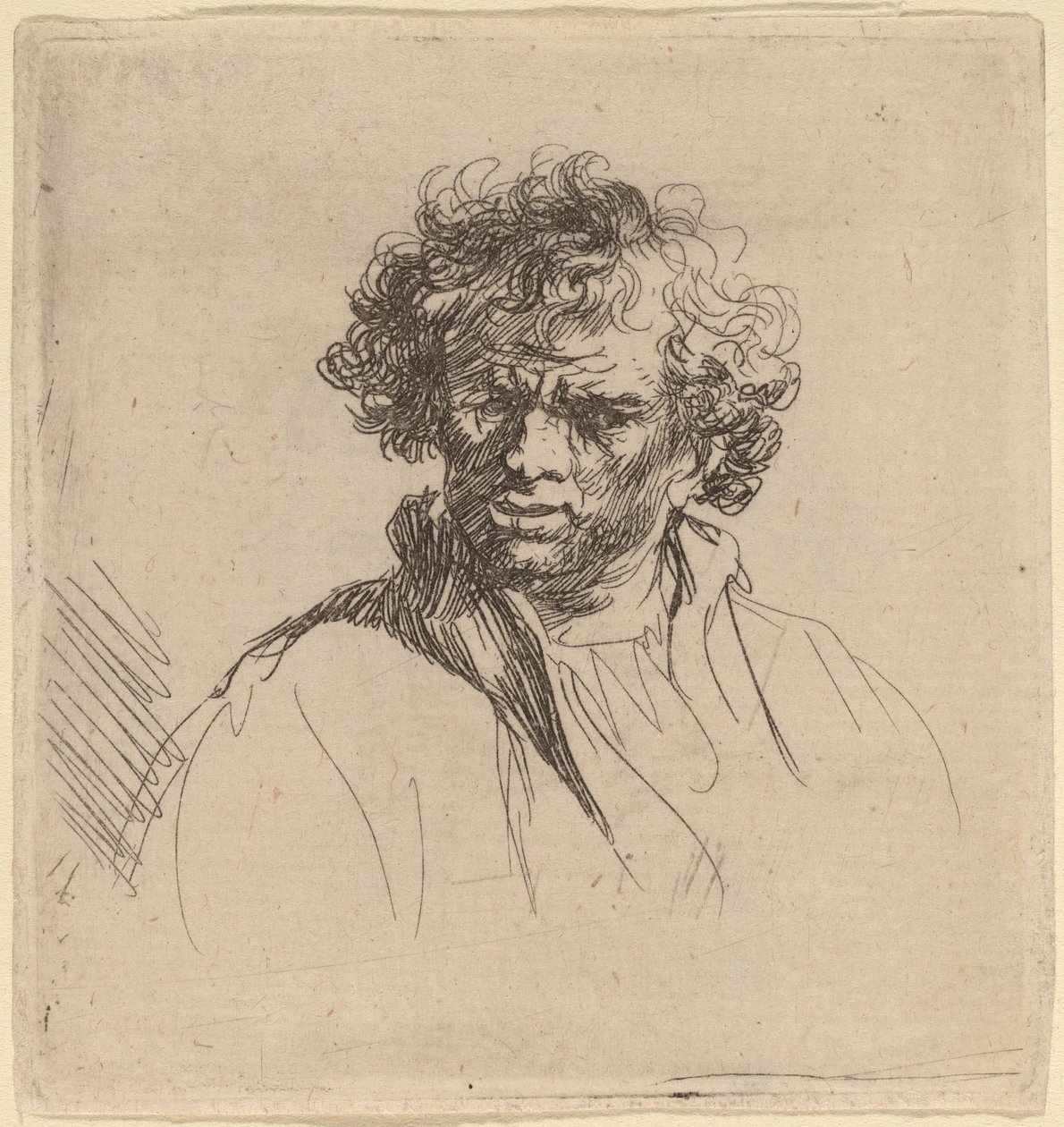 Krøllete mann med skjev munn av Studio of Rembrandt van Rijn