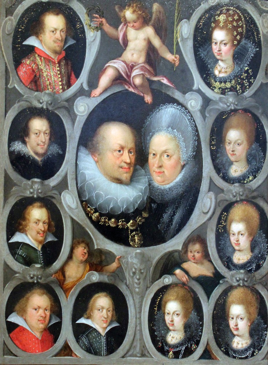 Hertug Friedrich I (1557-1608) (r. 1593-1608) og hertuginne Sibylla von Württemberg med ti av barna deres av Stuttgarter Hofmaler