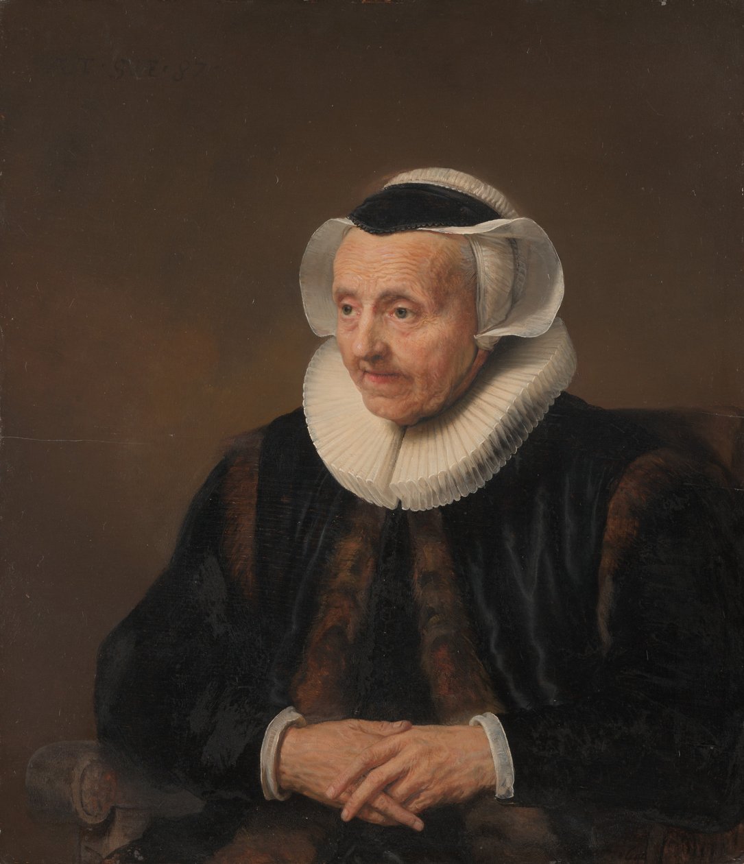 Portrett av en gammel kvinne. av Style of Jacob Backer