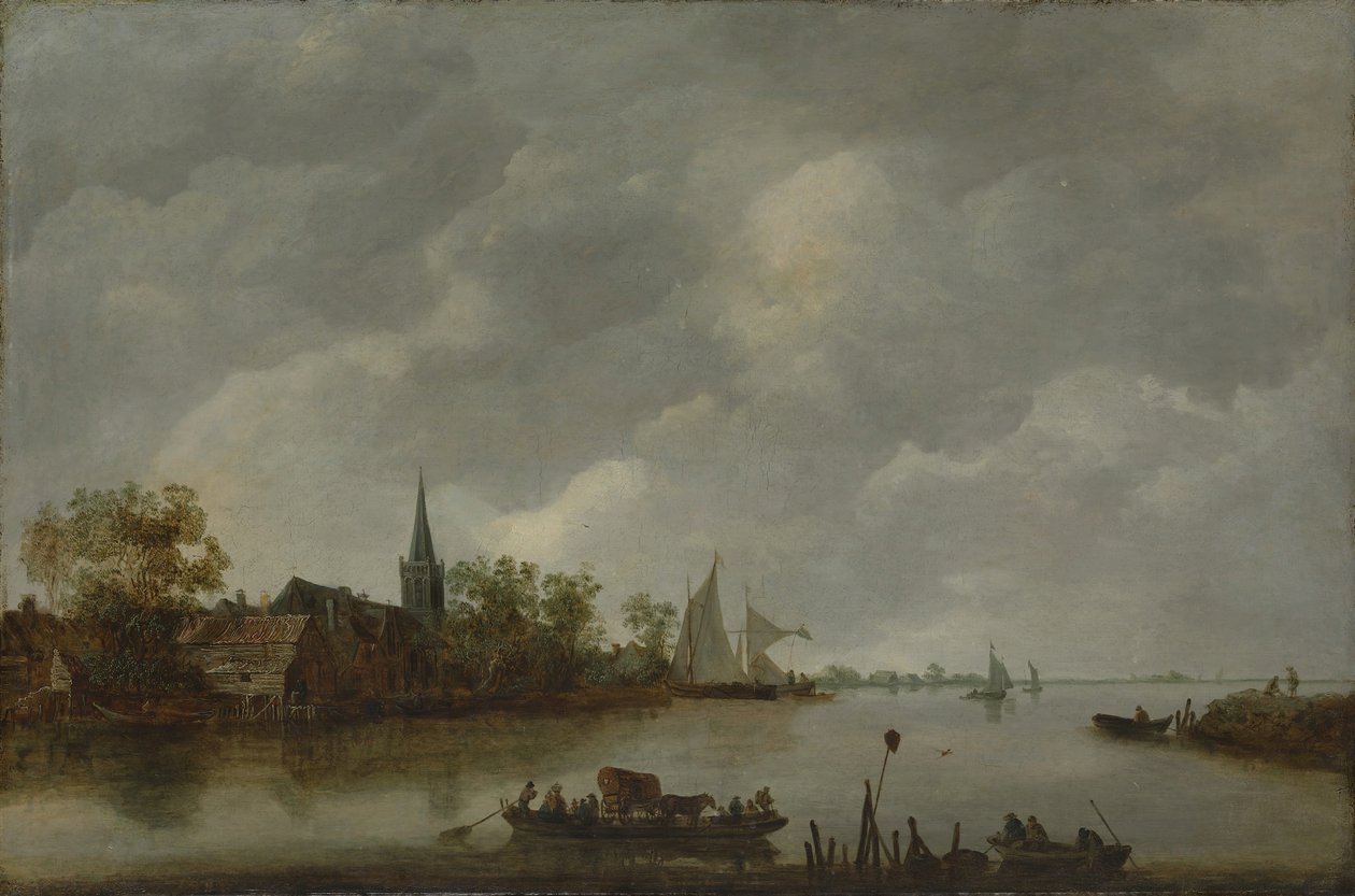 River View med en landsbykirke. av Style of Jan van Goyen