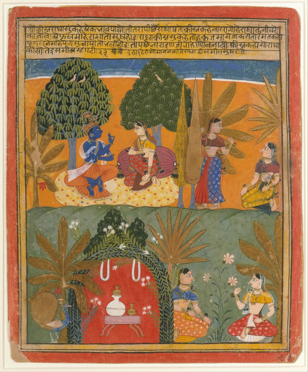 Krishna og Radha med sine fortrolige: Side fra en spredt Gita Govinda, ca. 1655-60. av Style of Manohar