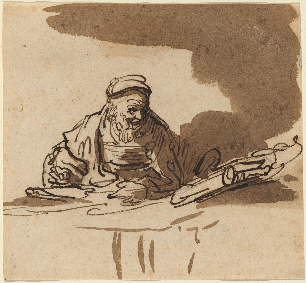 En gammel lærd ved skrivebordet hans av Style of Rembrandt van Rijn