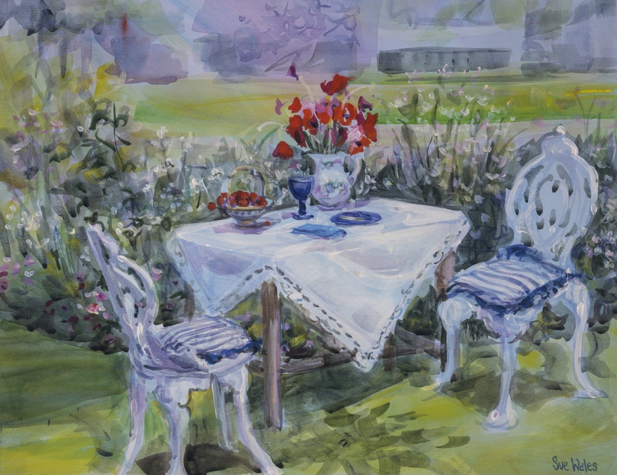 Valmuer og hvit klut, 1997, (gouache på kort) av Sue Wales