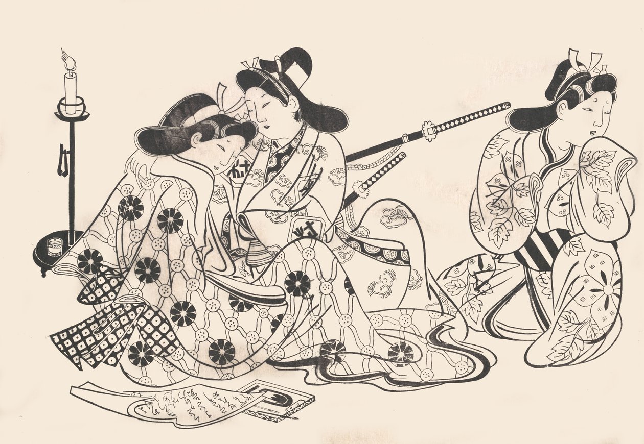 Samurai og kurtisan sitter, en tjener ved siden av dem, ca. 1685., ca. 1685. av Sugimura Jihei