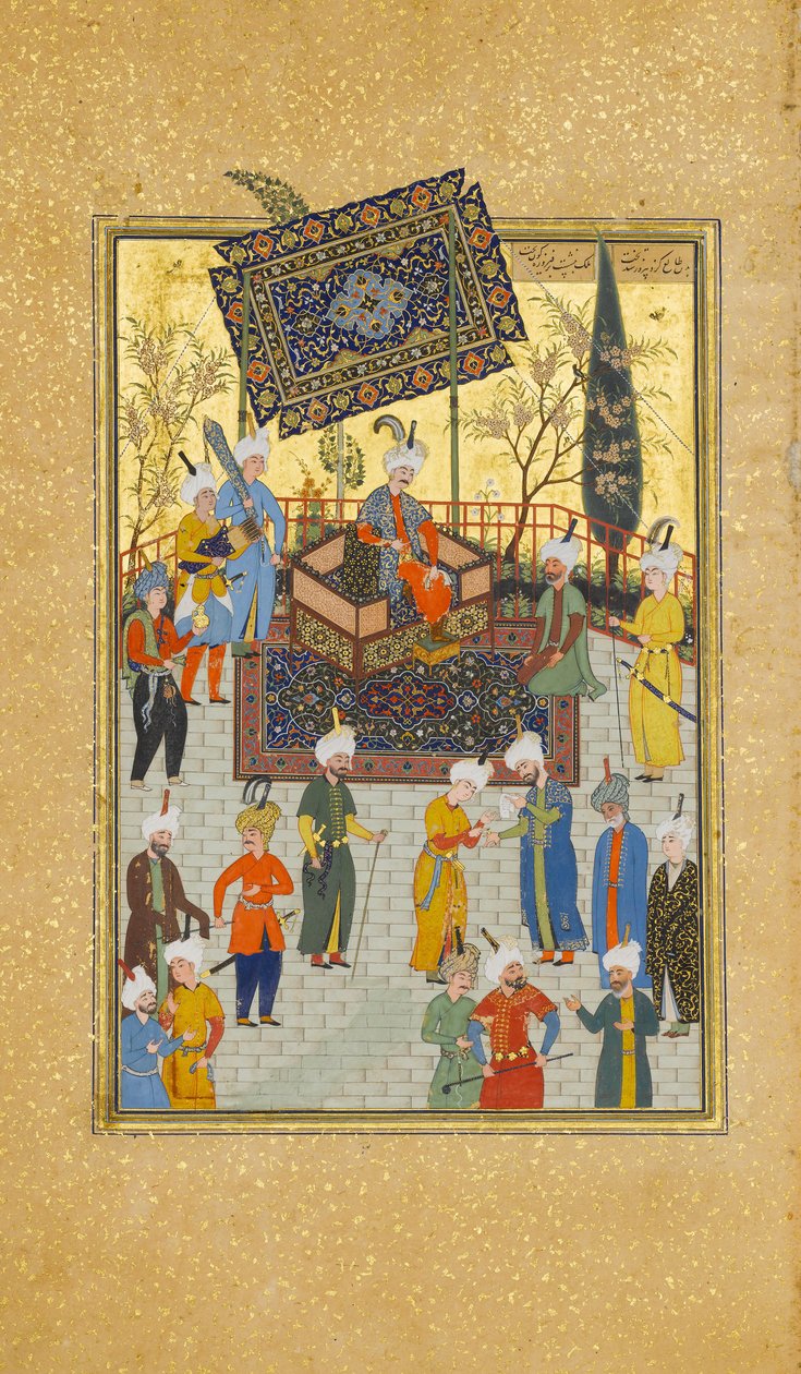 Khusrau sitter på sin trone, Folio 64 fra en Khamsa Quintet of Nizami, A.H. 931A.D. 1524-25. Skapere: Sultan Muhammad Nur, Mahmud Muzahhib, Shaikh Zada. av Sultan Muhammad Nur, Mahmud Muzahhib, Shaikh Zada