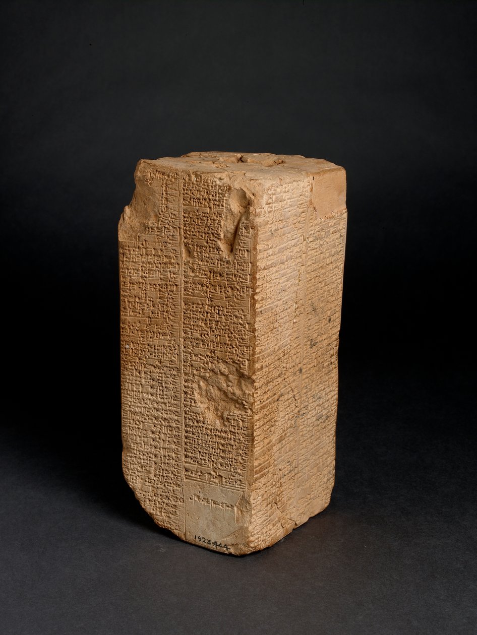 Bakt Clay Prism ('Weld-Blundell Prism') med den sumeriske kongelisten som gir herskere fra 'før flommen' til kong Sin-magir av Isin (ca. 1827-17 f.Kr.) innskrevet med kileskrift, sannsynligvis fra Larsa, av Sumerian