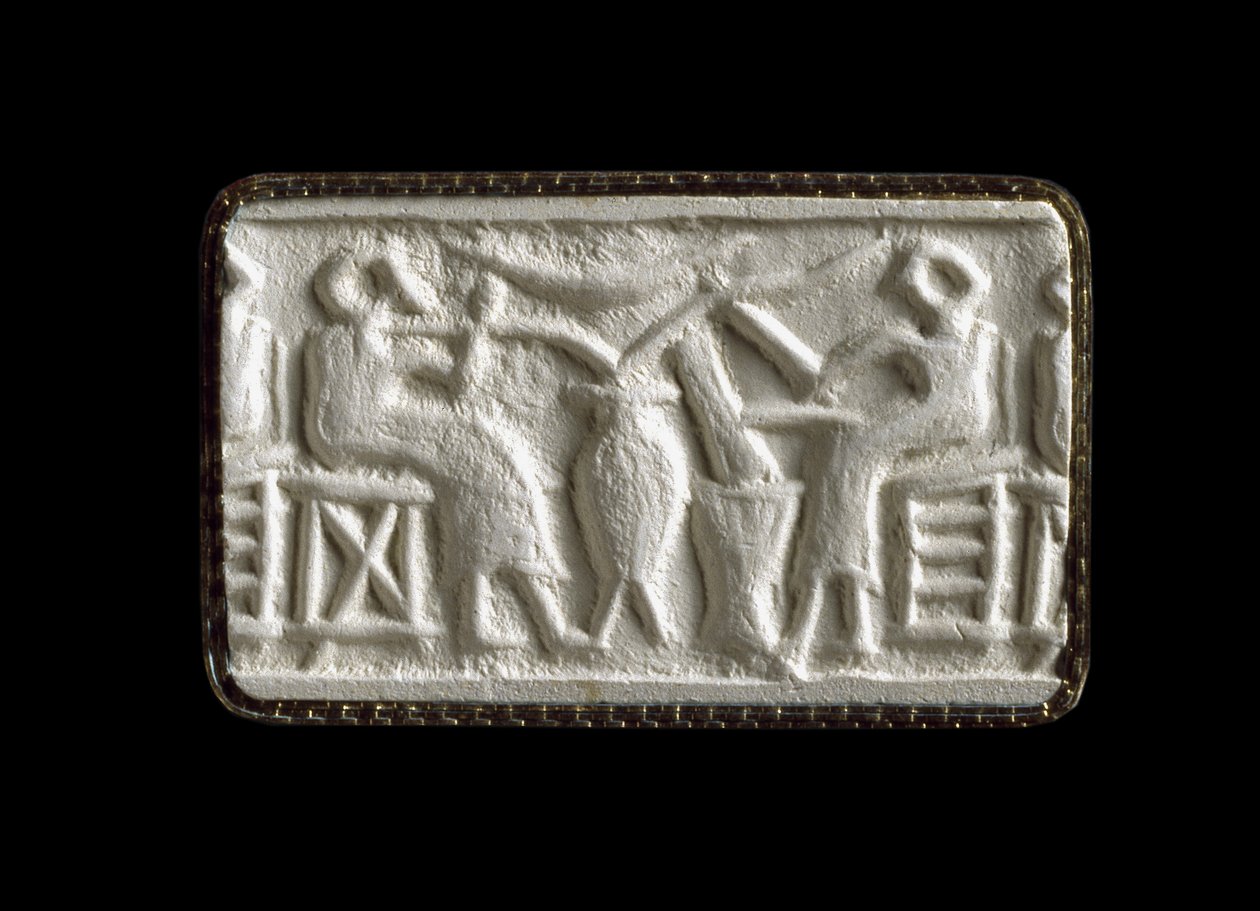 Sylinderforseglingsavtrykk av to sittende figurer som drikker gjennom rør, Kish, Irak, sannsynligvis ca. 2500 f.Kr. (gipsavtrykk) av Sumerian