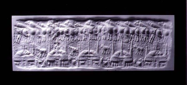 Håndtert sylindertetningsavtrykk, Uruk (nå Warka, Irak), ca. 3300-3000 f.Kr. (gips) av Sumerian Sumerian