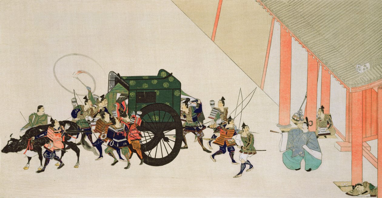 En keiser som flykter fra et palass forkledd som en kvinne i vogn, scene fra en høvisk romantikk fra Heian-perioden, trykt i magasinet 