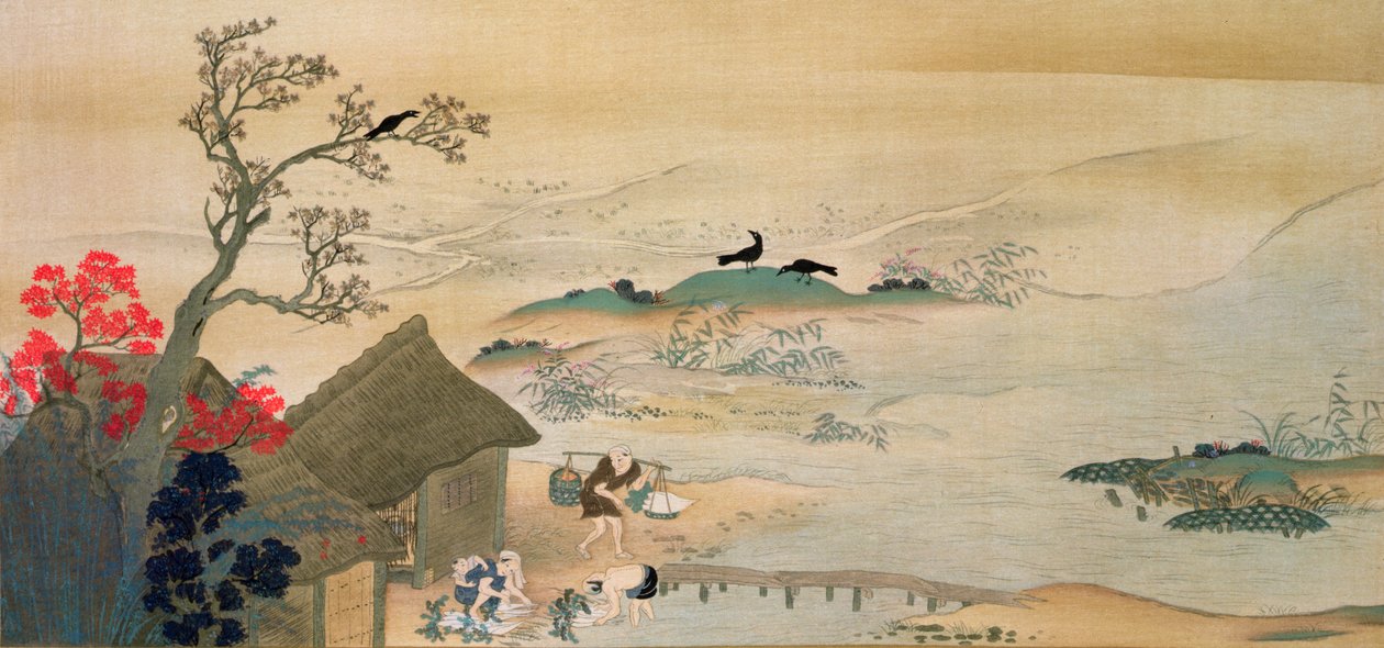 Bønder som høster grønnsaker nær Kyoto i middelalderen, trykt i 