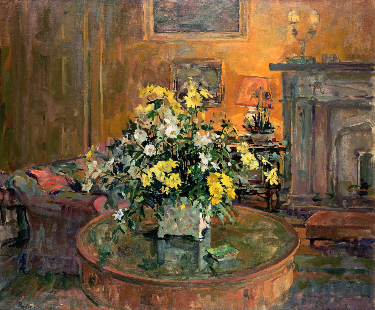 Trommebord med gule blomster (olje på lerret) av Susan Ryder