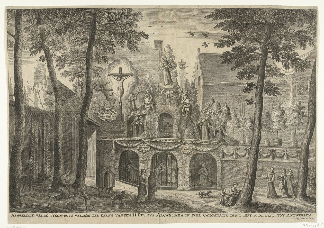 Stellage reist i Antwerpen i anledning kanoniseringen av Peter av Alcantara i 1669 Skildringer av steinklippen til ære for H. Peter Alcantara i syne Canonization den X. Sept. MDCLXIX til Antwerpen (tittel på objekt) av Susanna Verbruggen (possibly)