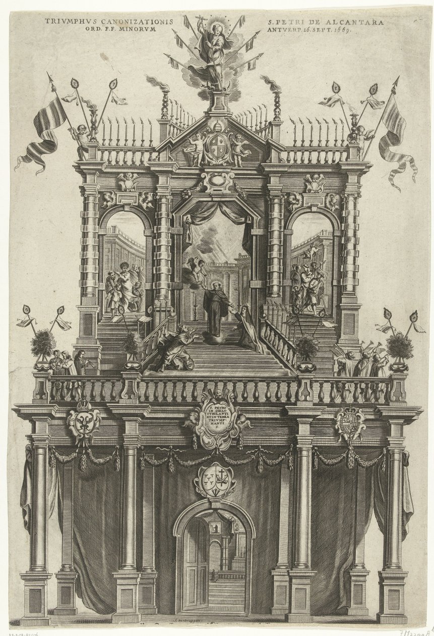 Triumfport reist i Antwerpen i anledning kanoniseringen av Peter av Alcantara i 1669 Triumphus Canonizationis S. Petri de Alcantara Ord. F.F. Minorum Antverp. 16 sept. 1669 (tittel på objekt) av Susanna Verbruggen (signed by artist)