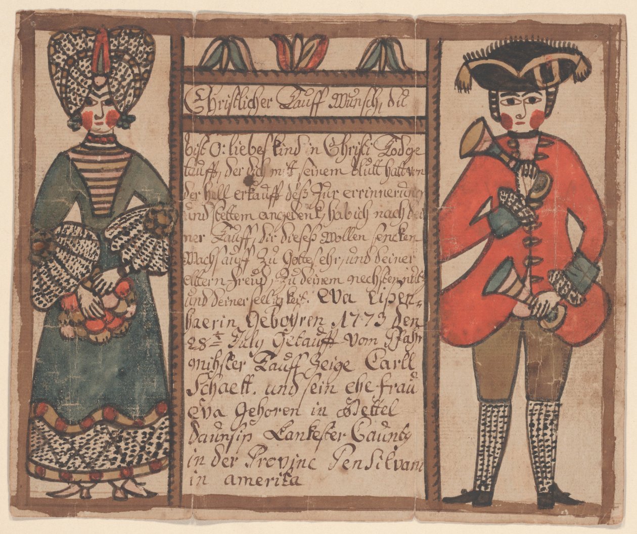 Fødsels- og dåpsattest for Eva Eissenhaer, ca. 1773 (penn & blekk og wc på papir) av Sussel Washington Artist