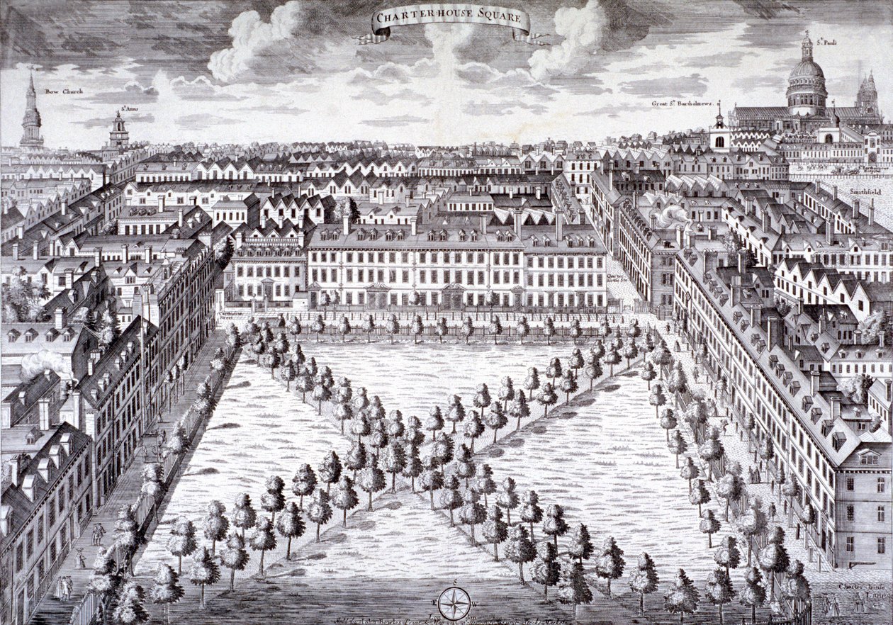 Fugleperspektiv av Charterhouse Square, Finsbury, London, c1750 av Sutton Nicholls