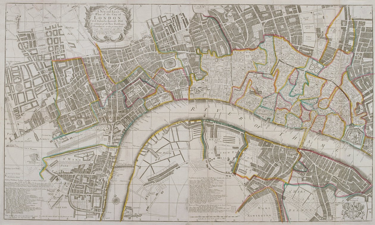Kart over Westminster, London City, Southwark og områdene rundt, 1739 av Sutton Nicholls