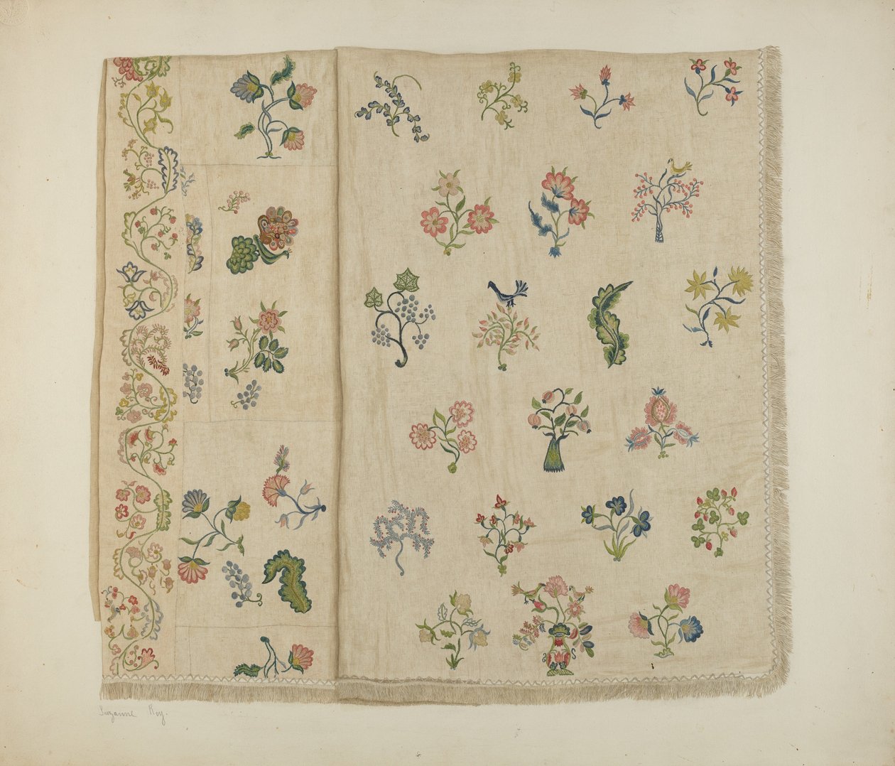 Crewel-brodert sengeteppe, ca. 1941. av Suzanne Roy