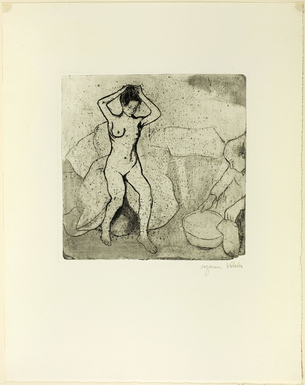 Catherine forbereder badet og Louise, naken, fikser håret av Suzanne Valadon