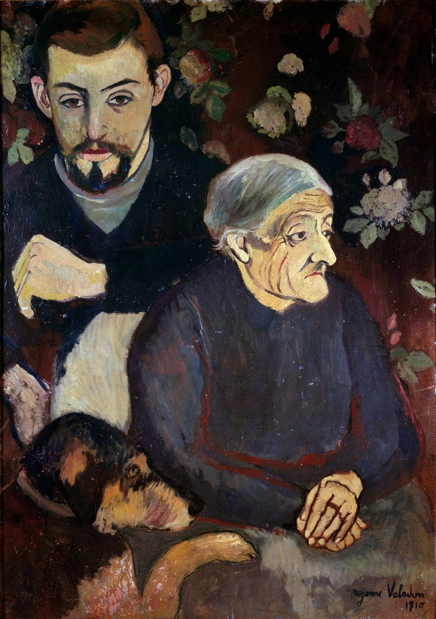 Portrett av maleren Maurice Utrillo, hans bestemor og en hund Maleri av Suzanne Valadon (1865-1938) av Suzanne Valadon