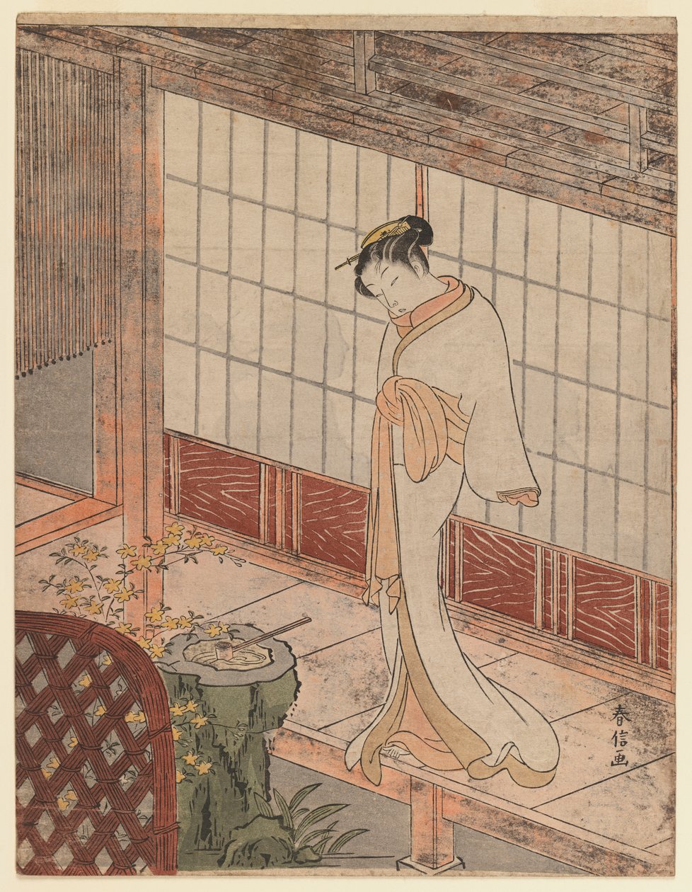Courtesane i nattantrekk stående på en veranda, ca. 1767 (farget treblokktrykk) av Suzuki Harunobu