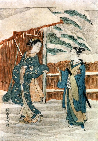 To damer ved en dam (blekk og gouache på papir) av Suzuki Harunobu