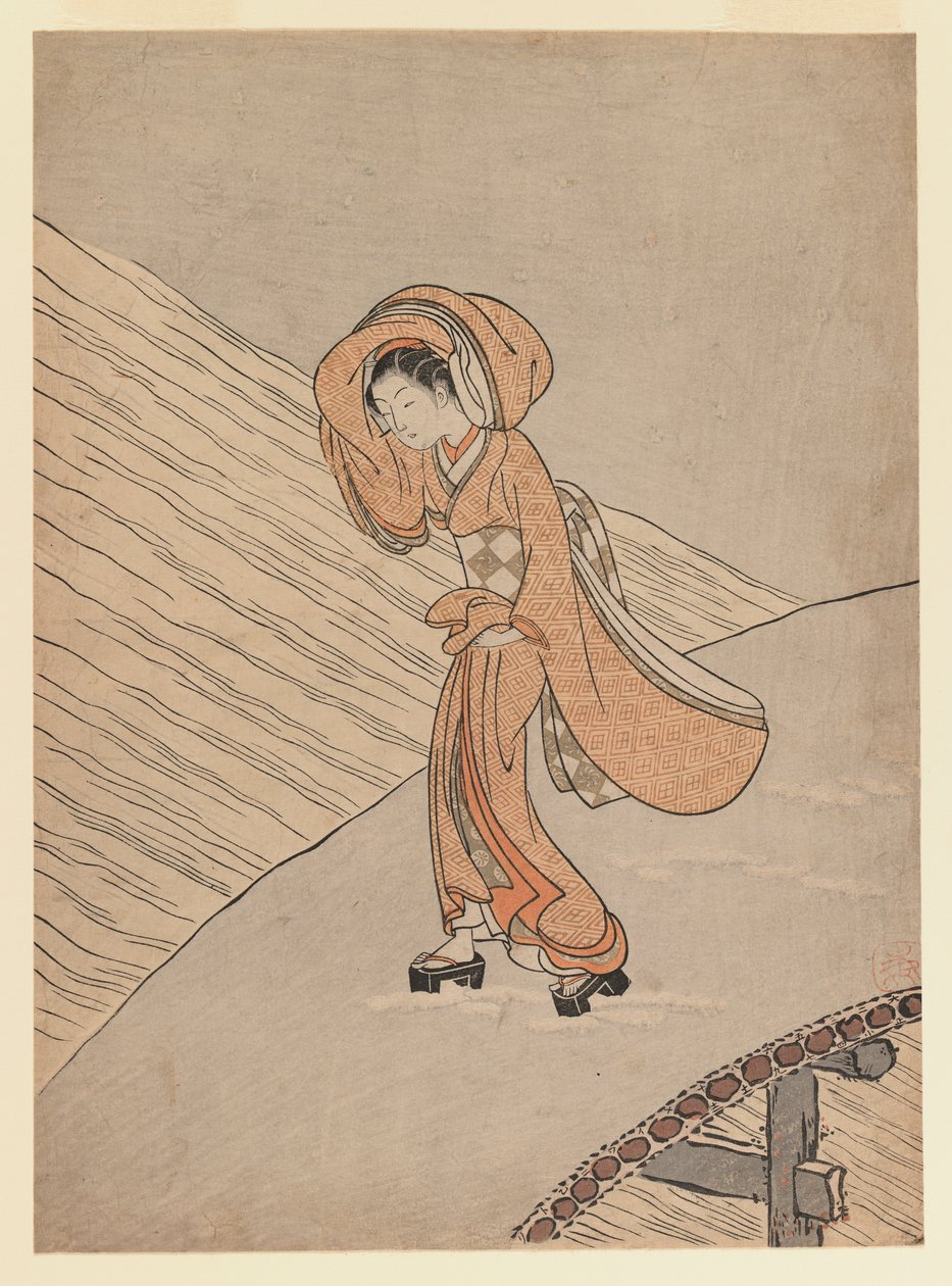 Young Girl Crossing a Bridge After Snow: Kalenderåret for det andre året av Meiwa, 1765 (farget treblokktrykk) av Suzuki Harunobu