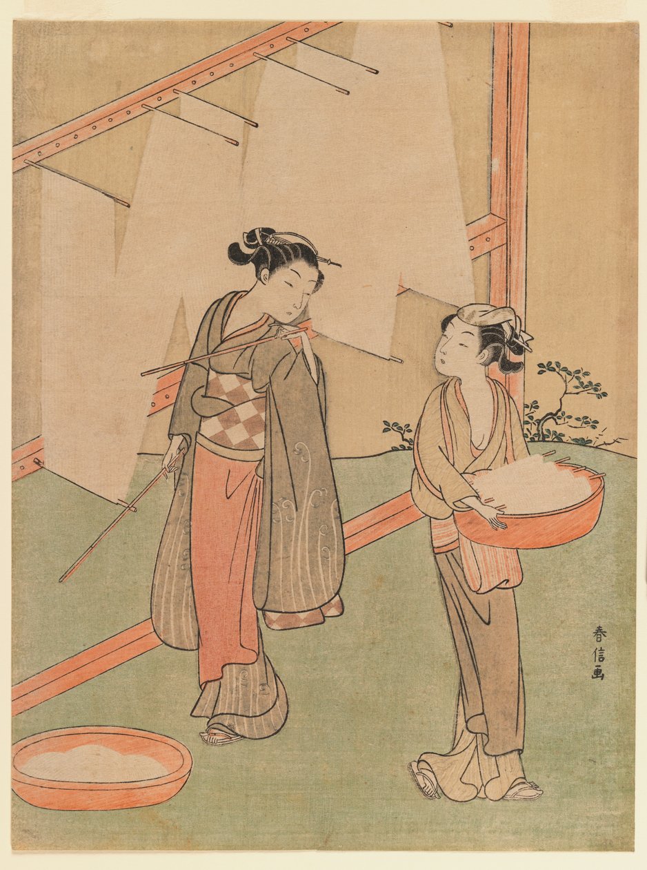 Ung jente og tjener tørker japanske fine nudler, ca. 1766 (farget treblokktrykk) av Suzuki Harunobu