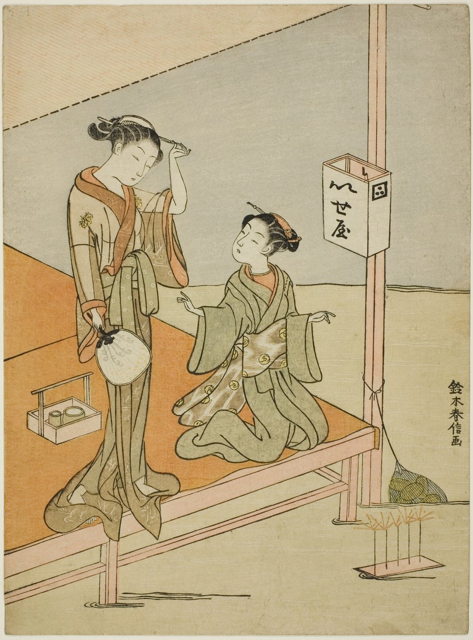 En kurtisane og hennes ledsager ved Riverside Teahouse Iseya av Suzuki Harunobu