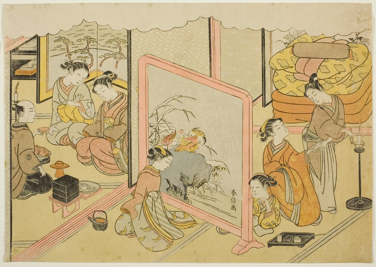 A Cup of Sake before Bed (Toko sakazuki), det sjette arket i serien "Marriage in Brocade Prints, the Carriage of the Virtuous Woman (Konrei nishiki misao-guruma)" av Suzuki Harunobu
