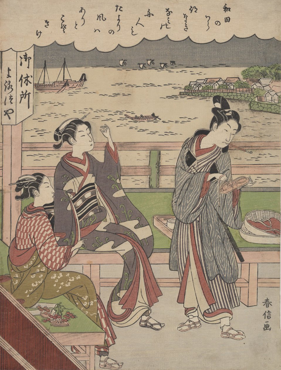 En mann og to kvinner på et tehus ved Wada no Ura med utsikt over havet. av Suzuki Harunobu