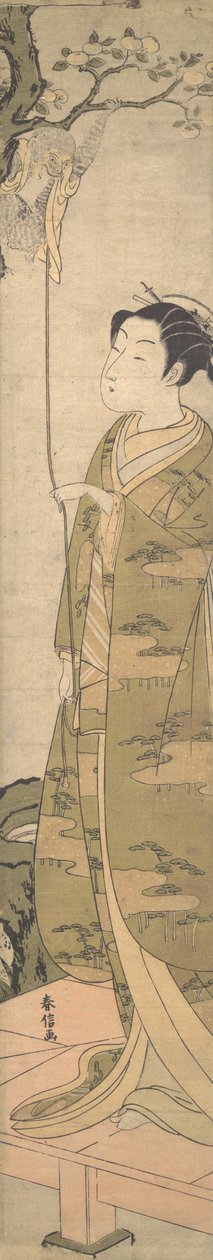 En kvinne som leker med en ape som har klatret i et tre, ca. 1770., ca. 1770. av Suzuki Harunobu