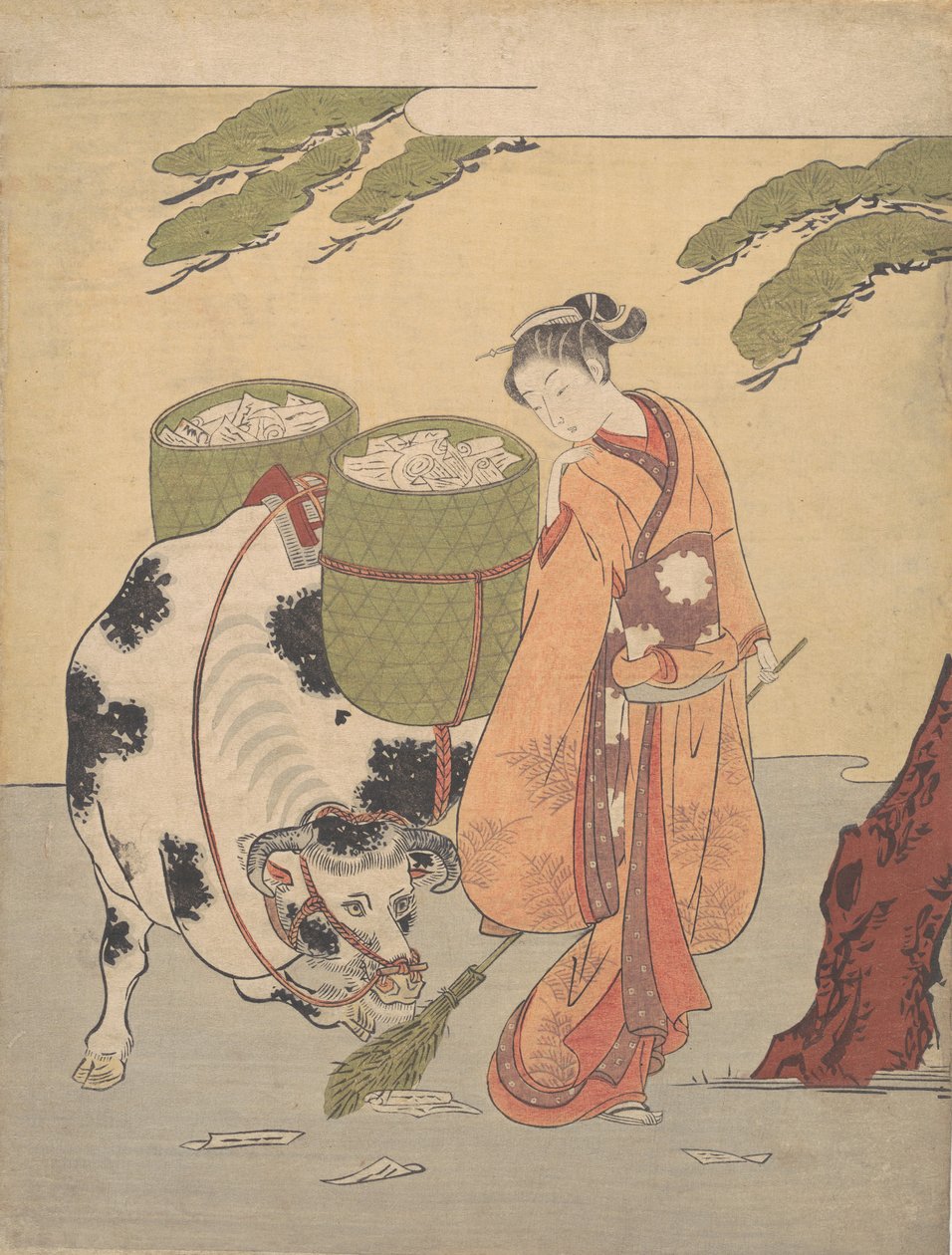En kvinne som feier opp kjærlighetsbrevene sine, 1725-1770., 1725-1770. av Suzuki Harunobu
