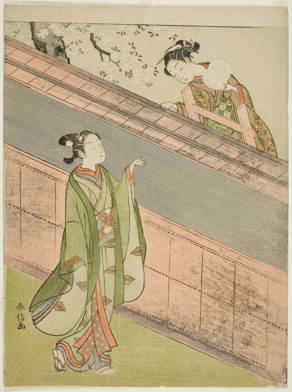En ung kvinne som returnerer en ball til en ung mann av Suzuki Harunobu