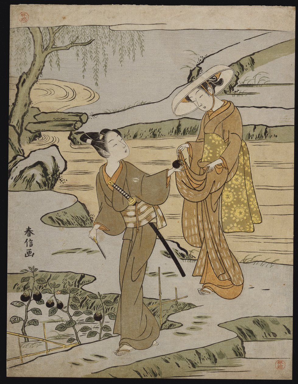 En sommerscene på en hevet voll av en ung mann som skjærer en aubergine for å gi til sin unge dame ledsager av Suzuki Harunobu