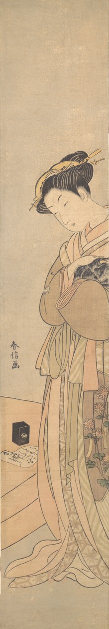 En Oiran som holder en svart hund, ca. 1769., ca. 1769. av Suzuki Harunobu