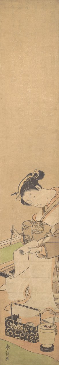 En Oiran sitter på en seng, skriver et brev, ca. 1769., ca. 1769. av Suzuki Harunobu